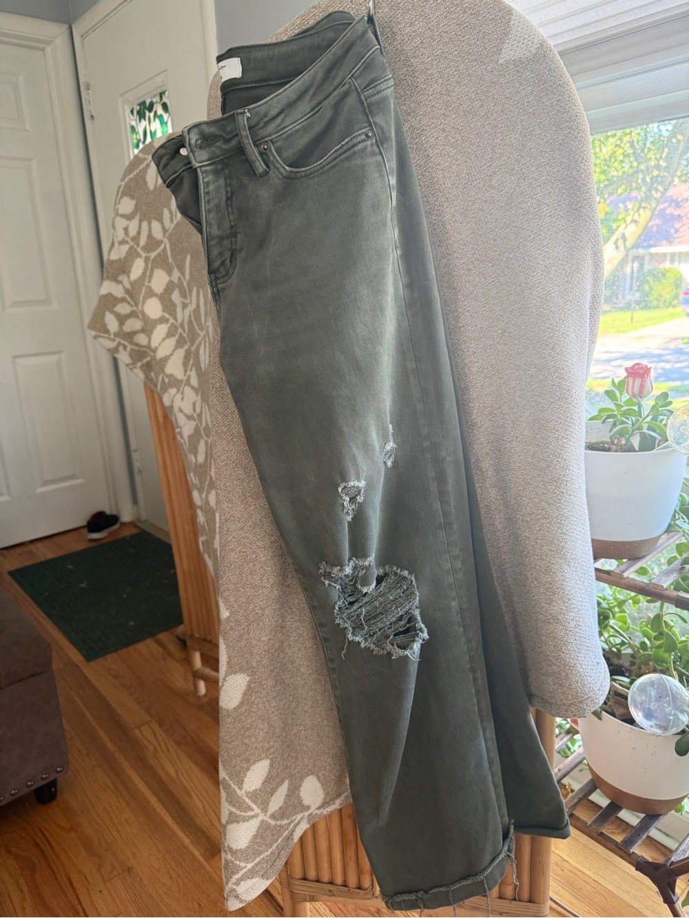 Olive Green Distressed Wide-Leg Jeans - Picture 2 of 7